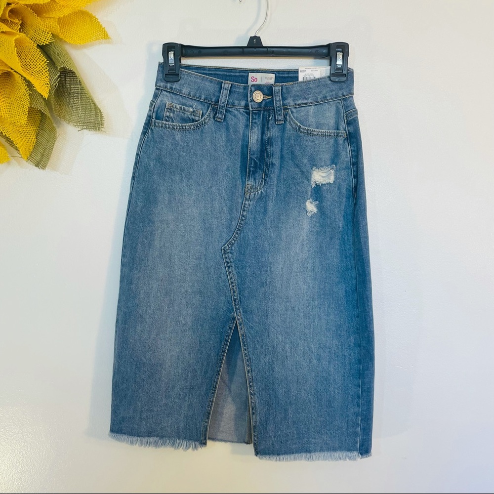 Front slit light washed blue jean midi high waisted skirt